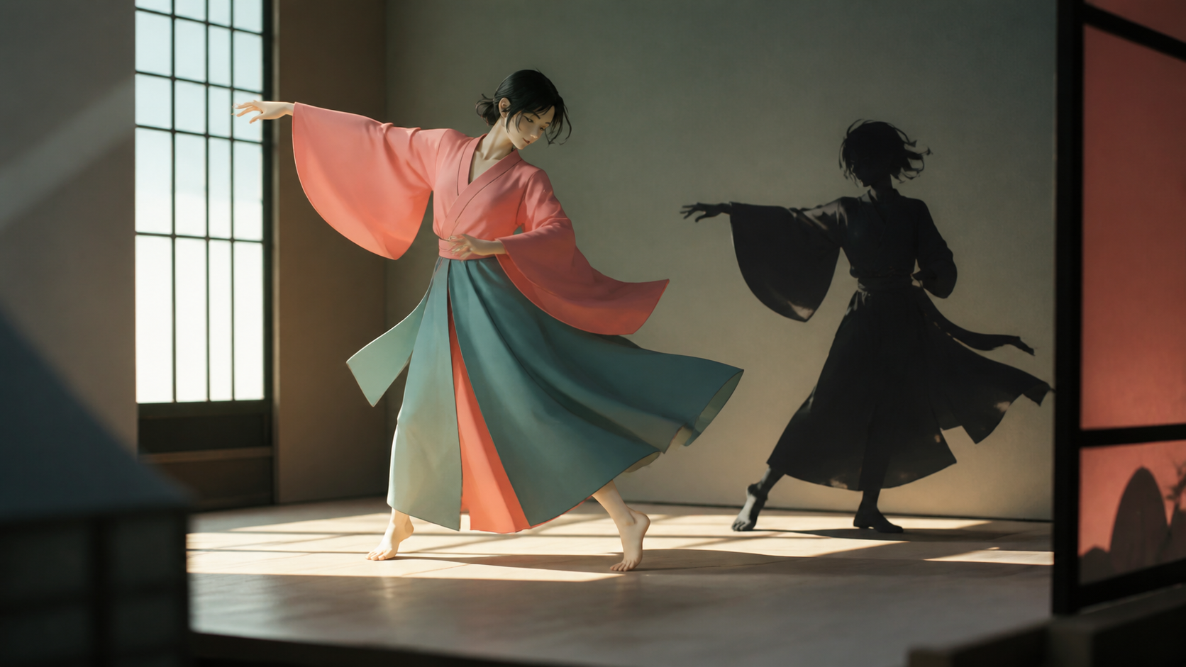 An adult contemporary dancer rehearsing with a shadow that learns the choreography late, seen from an unusual seat close enough to feel intimate. Close audience-level frame with one dancer crossing a strong pool of light