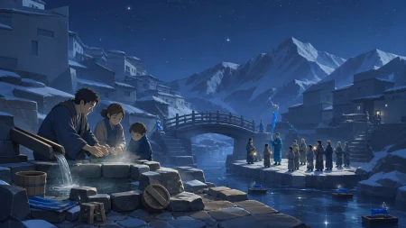 Travelers warming their hands beside a street-side spring, as a small seasonal ceremony begins beside the river. Wide mountain-town establishing shot balanced by a small family gro