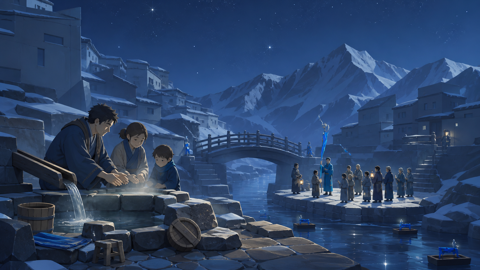 Travelers warming their hands beside a street-side spring, as a small seasonal ceremony begins beside the river. Wide mountain-town establishing shot balanced by a small family group. Soft monochrome with a single satura