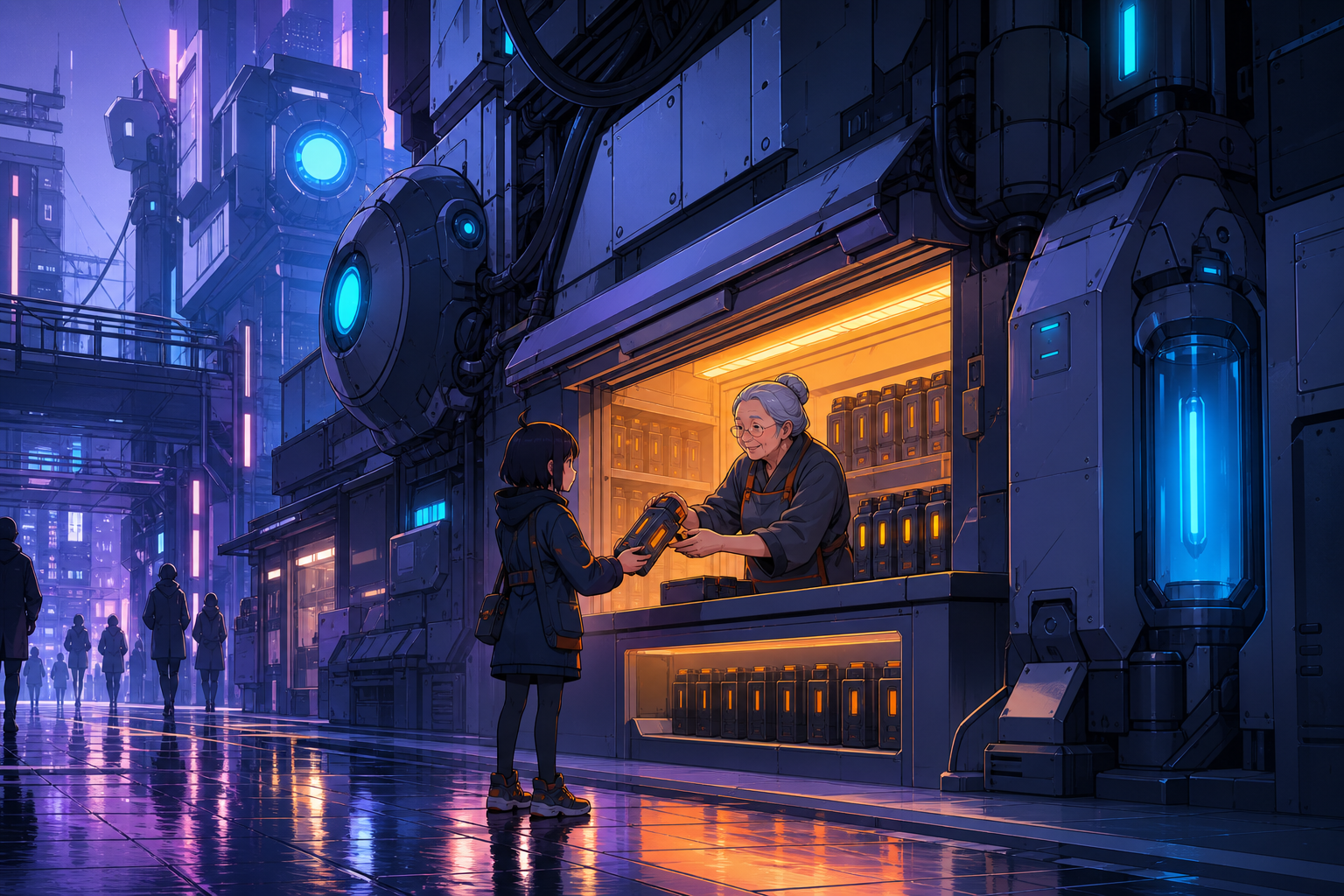 A grandmother running the busiest battery-exchange kiosk in the district, after rain creates broad colored reflections across the pavement. Compressed alley perspective focused on one intimate exchange. Pale lavender, ic