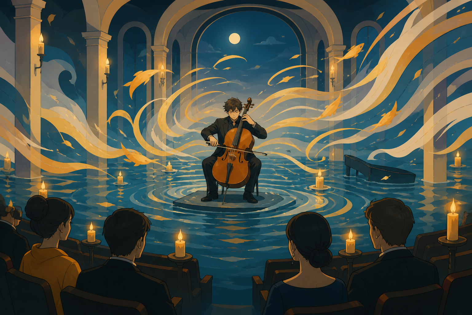 An adult cellist performing alone in a flooded concert hall, seen from within the audience as sound visibly transforms the environment. Dynamic stage-wide frame with movement radiating from the lead performer. Saffron, p