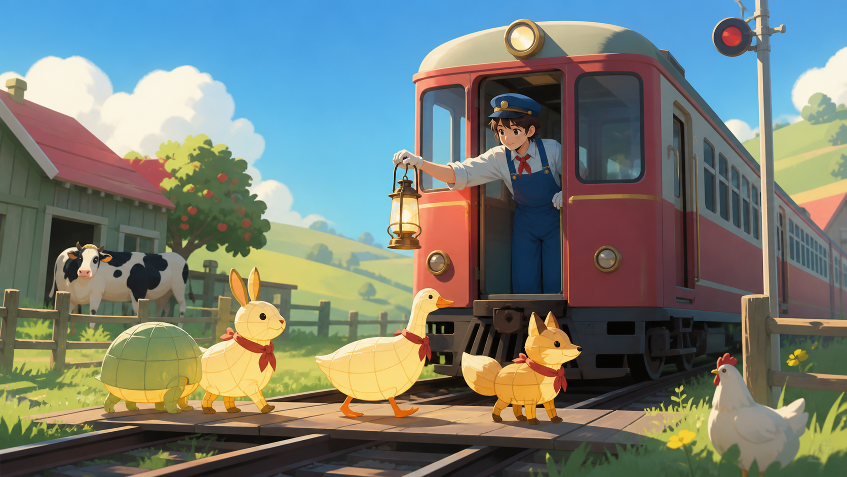 A rural train operator stopping for migrating lantern animals, shown as daily life with a restrained fantasy rule. Medium environmental portrait connecting one worker to their craft. Soft pistachio, butter yellow, powder