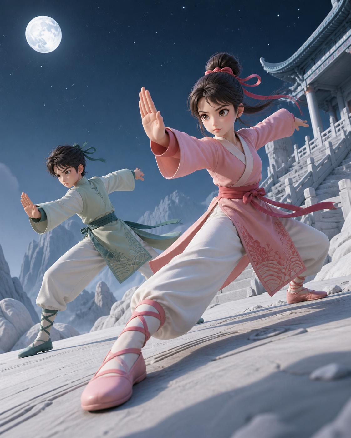 Siblings practicing synchronized forms beside a mountain temple, during a friendly contest where skill and personality both read clearly. Low diagonal action view focused on footwork and counter-movement. Celadon, coral 