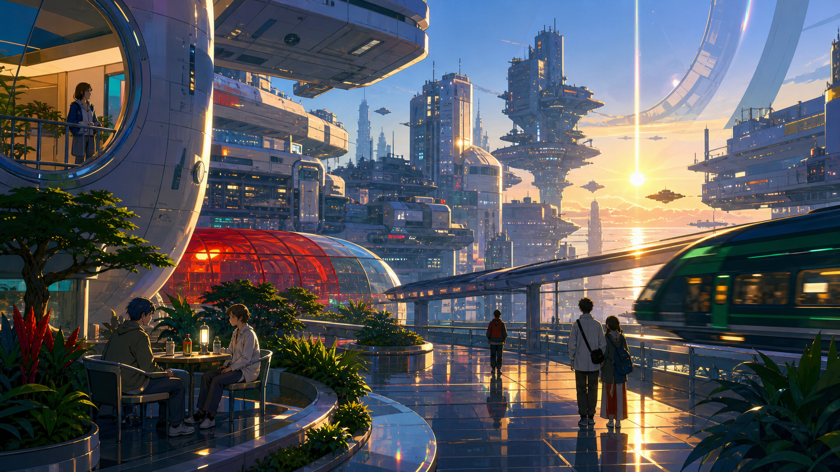 A dense orbital neighborhood assembled from retired spacecraft, on a humid night after rain, full of reflections and everyday life. Grand city panorama balanced by one intimate foreground detail. Emerald, stained-glass r