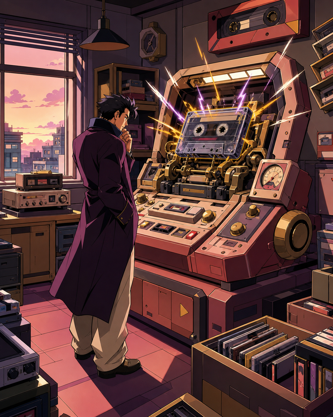 A cassette repair kiosk that restores sounds people thought they had forgotten, as one machine behaves differently from every previous night. Nostalgic room-wide frame organized around one active machine. Muted rose, par