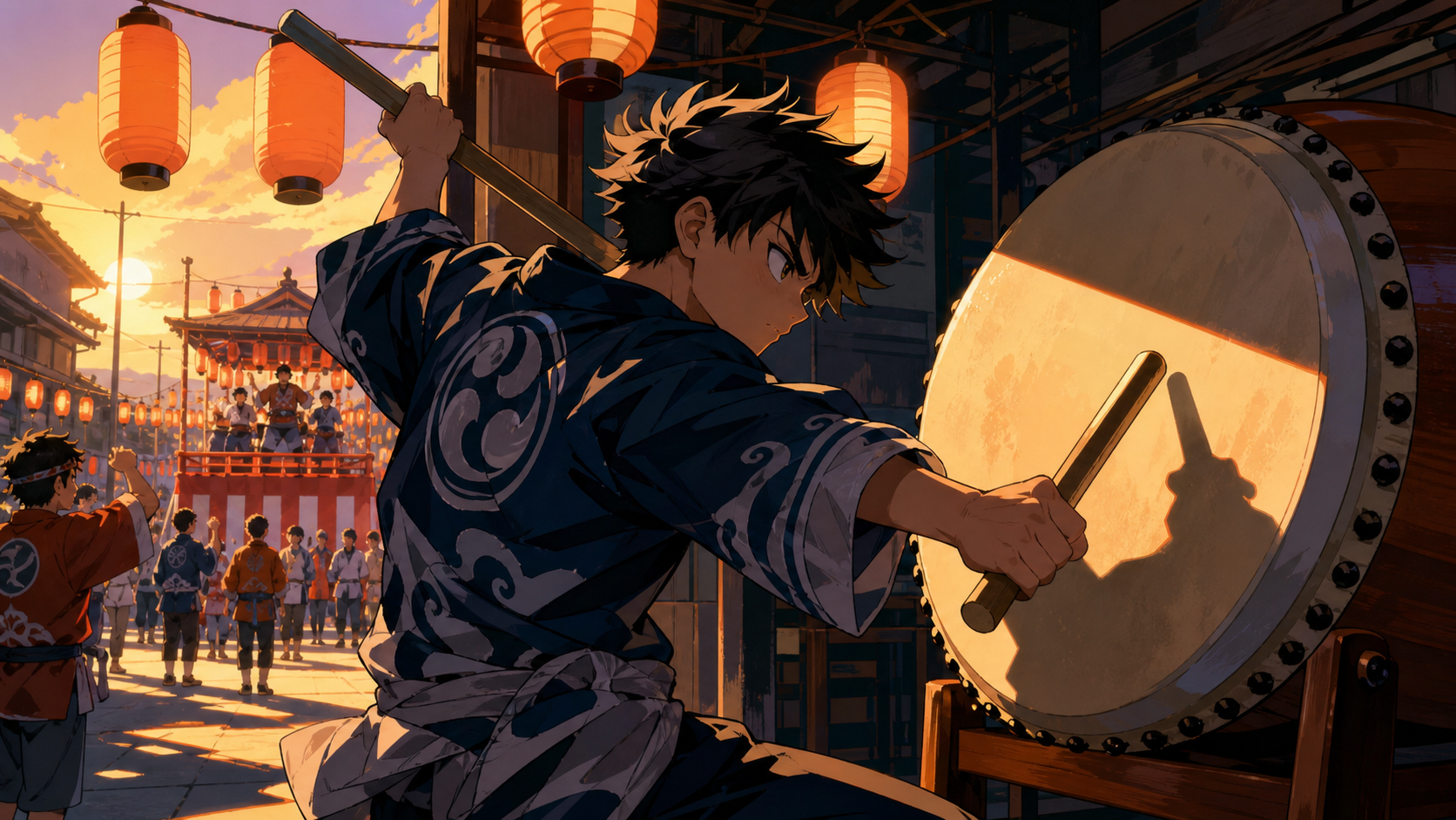 A young drummer practicing alone behind a shrine stage, during late afternoon as lanterns begin to glow. Lively street-wide ensemble with one clear foreground interaction. Sun-bleached peach, desert ochre, cool shadow bl