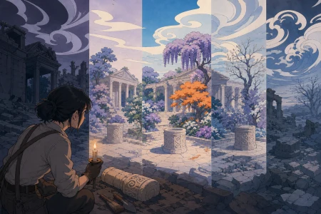 An archaeologist watching a vanished garden briefly return around them, as one ordinary object remains unchanged across every era. Wide continuous scene divided naturally into seve