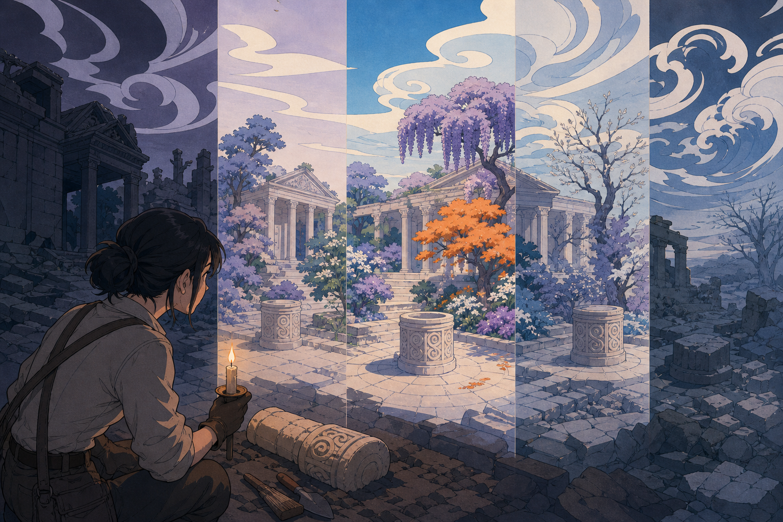 An archaeologist watching a vanished garden briefly return around them, as one ordinary object remains unchanged across every era. Wide continuous scene divided naturally into several eras. Pale lavender, icy blue, graph