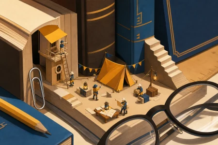 Tiny explorers establishing a camp between enormous library books, observed at close range with ordinary objects revealing the tiny scale. Isometric-like miniature vista with multi