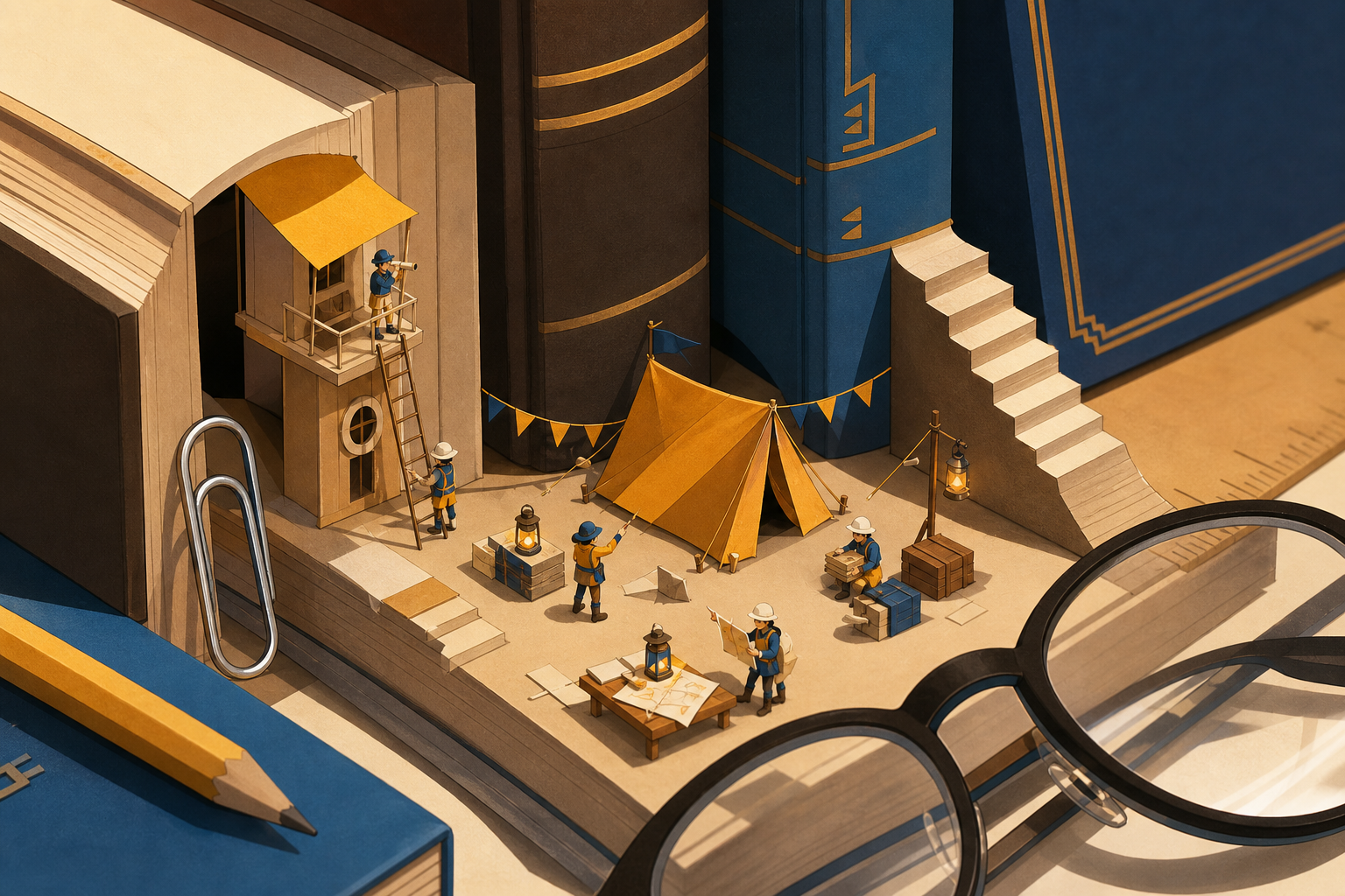 Tiny explorers establishing a camp between enormous library books, observed at close range with ordinary objects revealing the tiny scale. Isometric-like miniature vista with multiple readable zones of activity. Saffron,