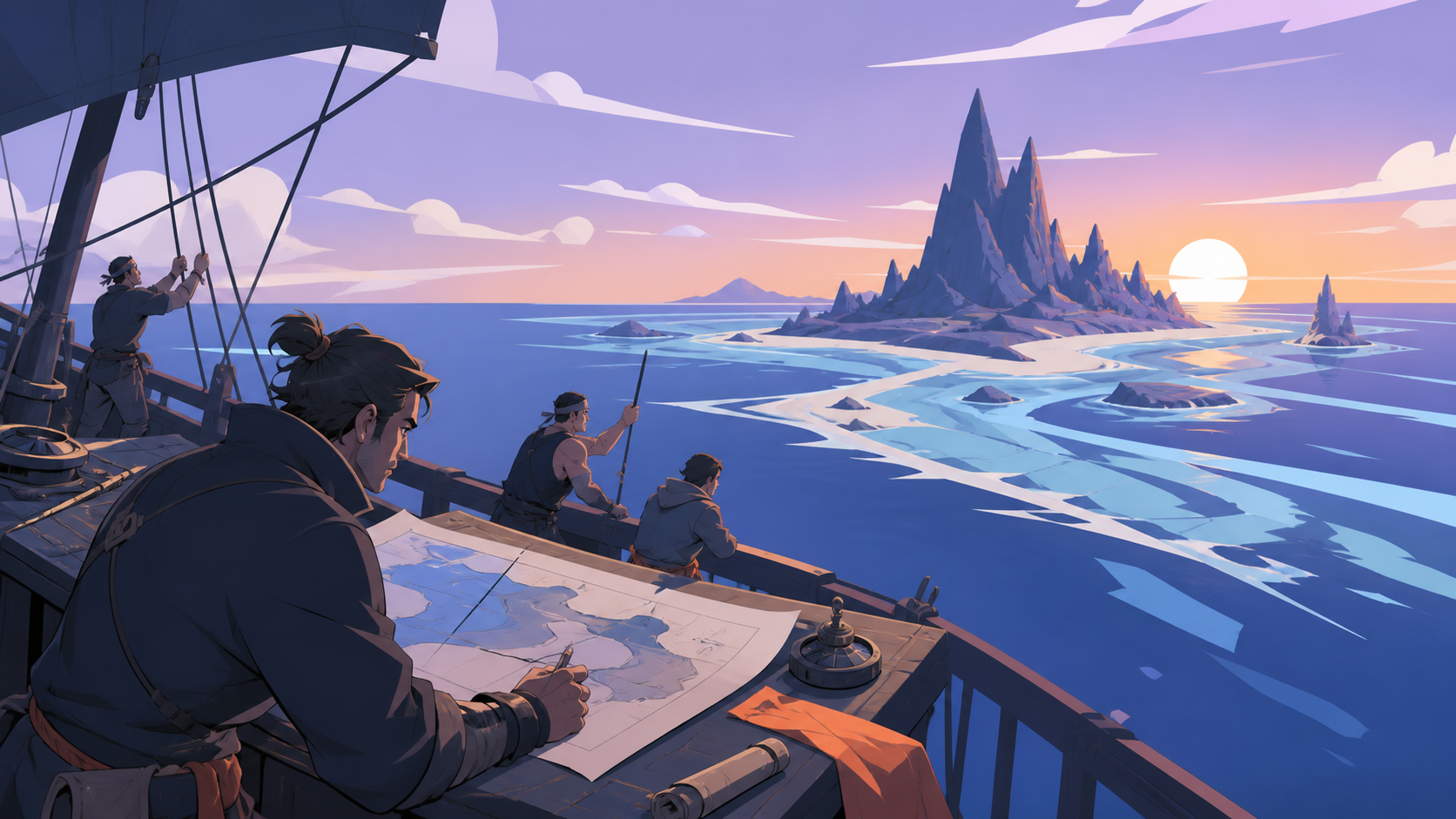 An adult cartographer mapping an island that changes shape with each tide, mid-voyage with practical deck work revealing the crew's relationships. Wide maritime view placing vessel and destination in clear relation. Pale