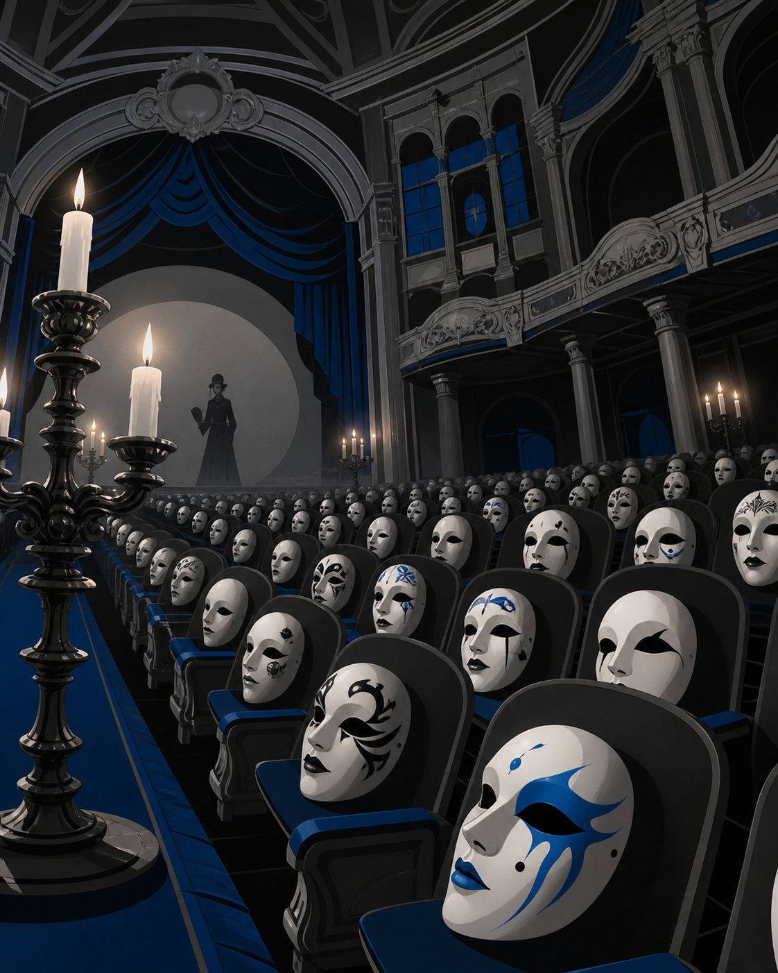 An abandoned theater where every empty seat holds a different porcelain mask, quiet and beautiful enough to invite curiosity despite the unease. Suspenseful deep-perspective composition with the threat implied rather tha