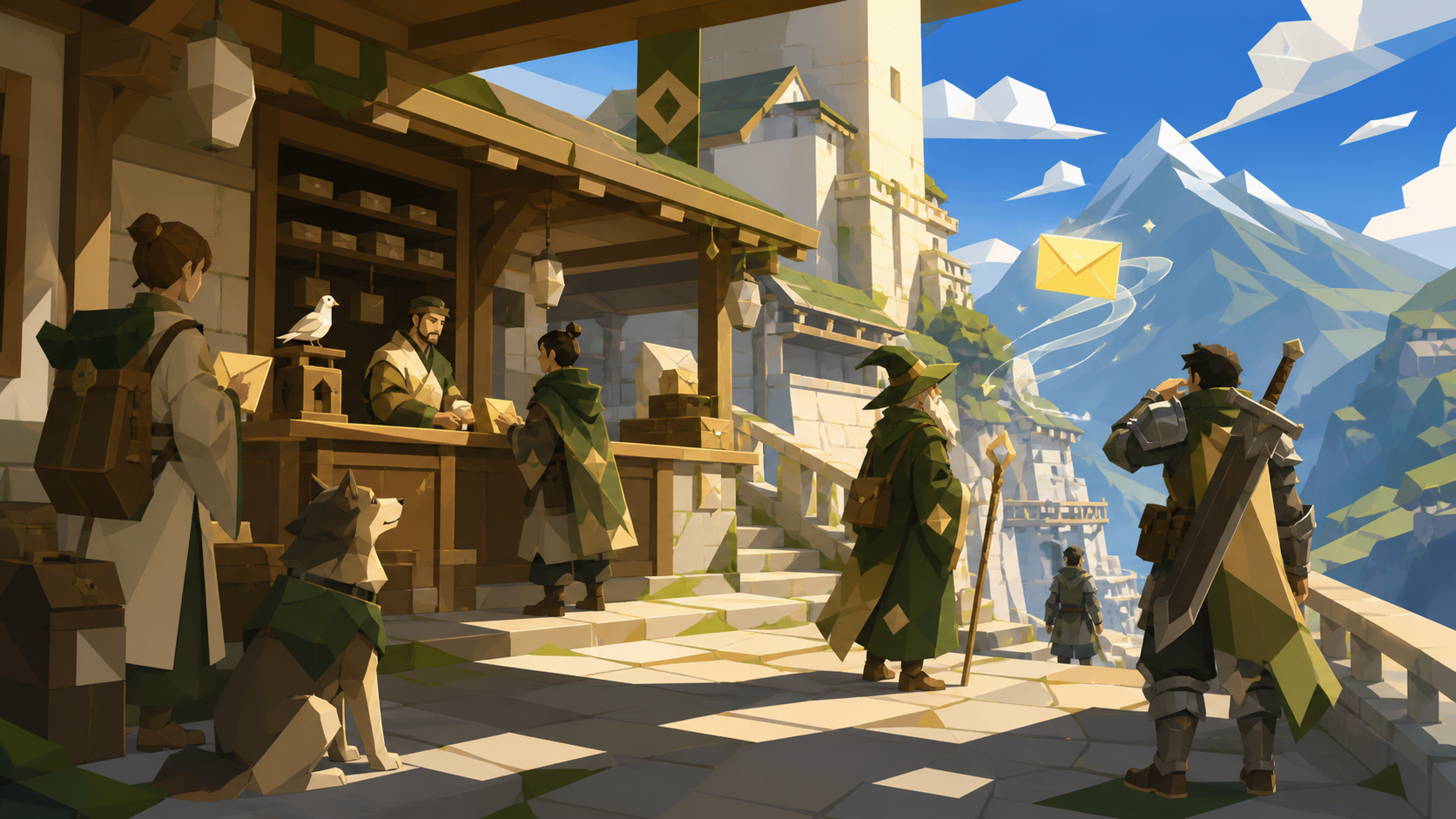 A mountain postal station serving travelers from several impossible centuries, grounded in convincing period materials with one restrained supernatural event. Wide narrative composition with period architecture guiding t