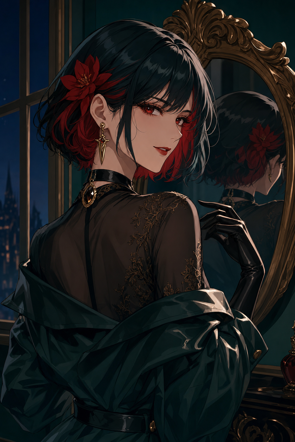 zidiusArt, anime-style, a woman with dark teal-black bob hair streaked with crimson red, sharp red eyes with heavy lashes, a small red flower tucked behind her ear, wearing an ornate gold dagger-shaped earring and a blac
