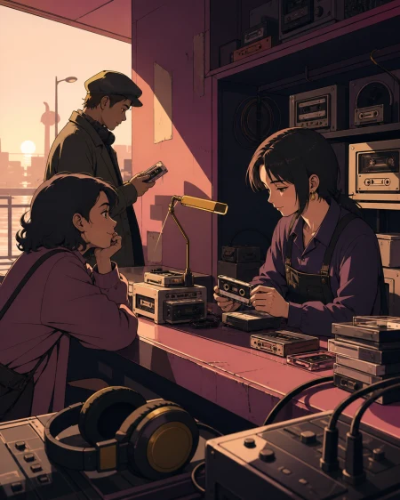 A cassette repair kiosk that restores sounds people thought they had forgotten, with regular customers treating the impossible feature as normal. Close counter scene with equipment