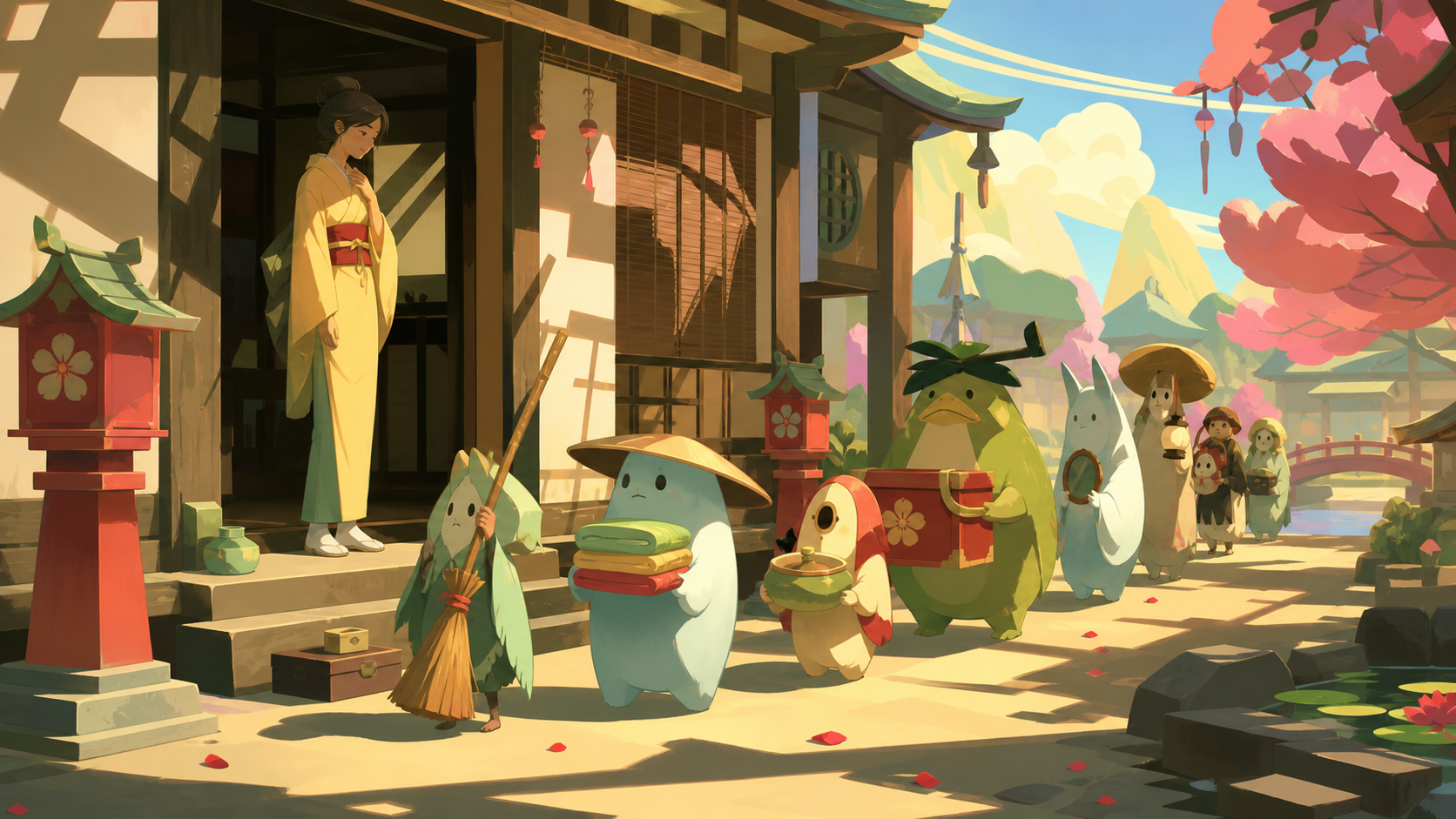 A procession of forgotten household spirits returning borrowed objects, during a quiet festival after all human visitors have gone home. Storybook narrative scene with a clear beginning and implied aftermath. Soft pistac