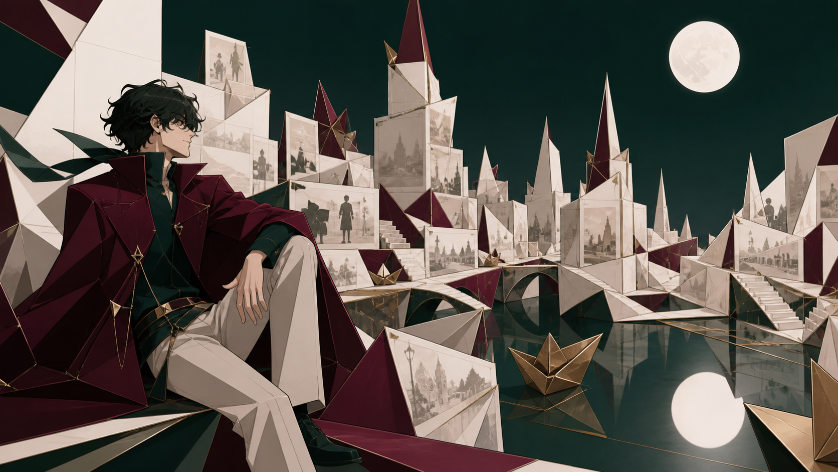 A city assembled entirely from folded memories represented as translucent paper, using one impossible transformation as the central visual rule. Carefully staged surreal tableau with a single unmistakable focal point. Bu