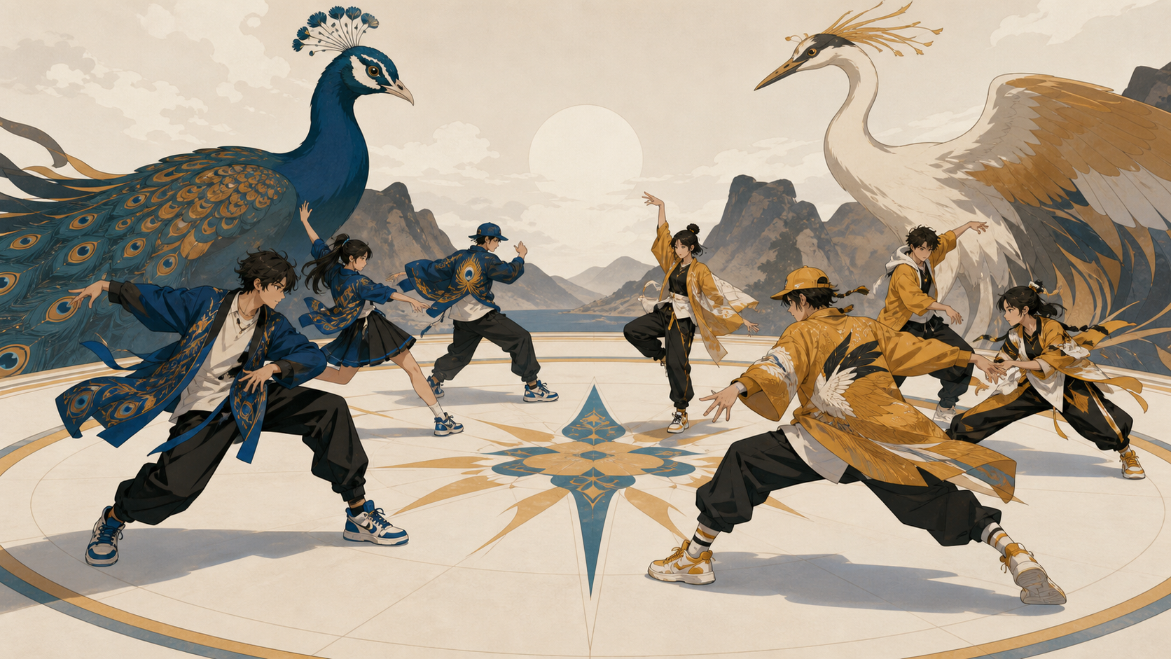 Two school dance clubs combining styles during a friendly final, on a clean open floor where complete body movement remains readable. Wide circle composition preserving complete dancer silhouettes. Saffron, peacock blue,