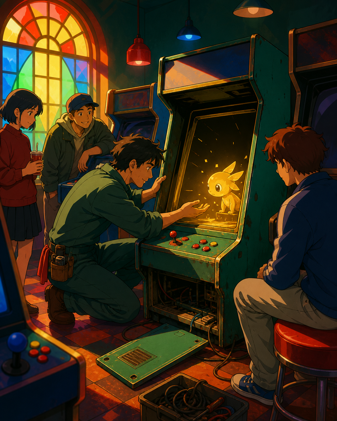 An adult arcade technician coaxing a lost digital creature back into its cabinet, with regular customers treating the impossible feature as normal. Nostalgic room-wide frame organized around one active machine. Emerald, 