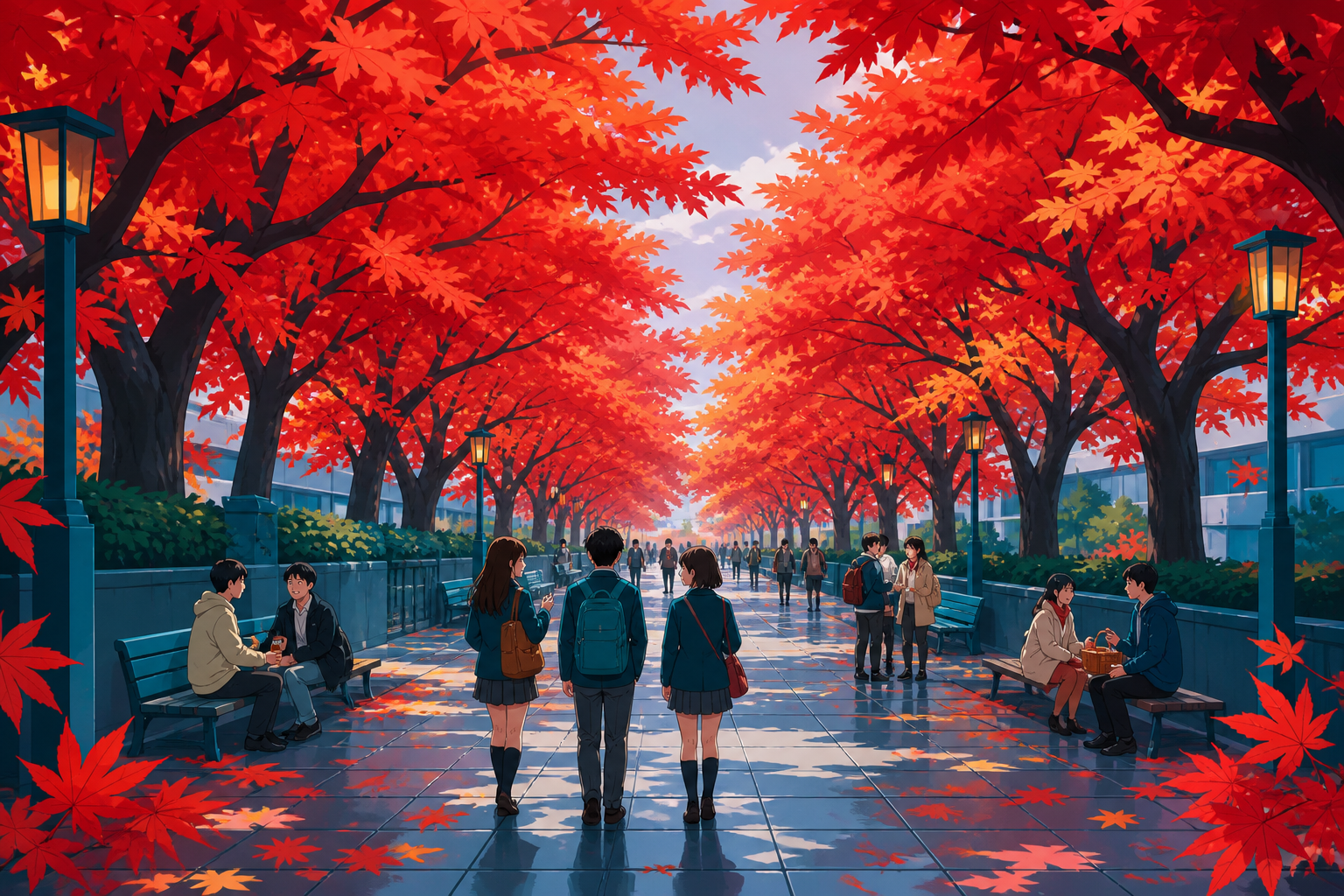Students walking through a tunnel of vivid autumn maples, during a gentle public holiday filled with small social moments. Long avenue perspective beneath an arching canopy. Petrol blue, oxide red, industrial gray, and w