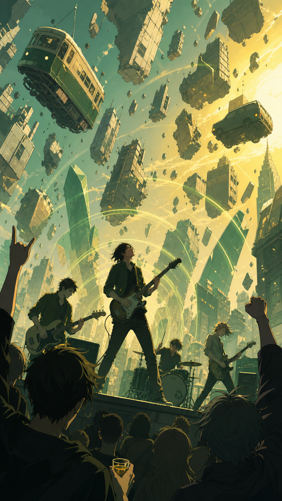 A rooftop rock band playing while the surrounding city slowly levitates, seen from within the audience as sound visibly transforms the environment. Intimate low-angle concert view with dramatic foreground silhouettes. Mo