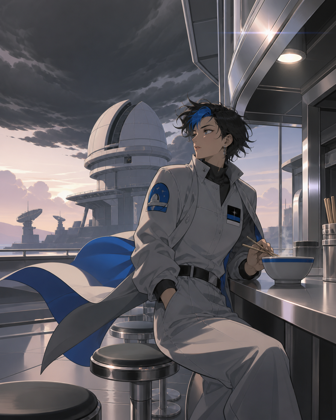 An adult nonbinary astronomer with a patched observatory uniform, waiting at the last open noodle stand before a supernatural storm. Cinematic medium-wide frame with the environment carrying half the story. Soft monochro