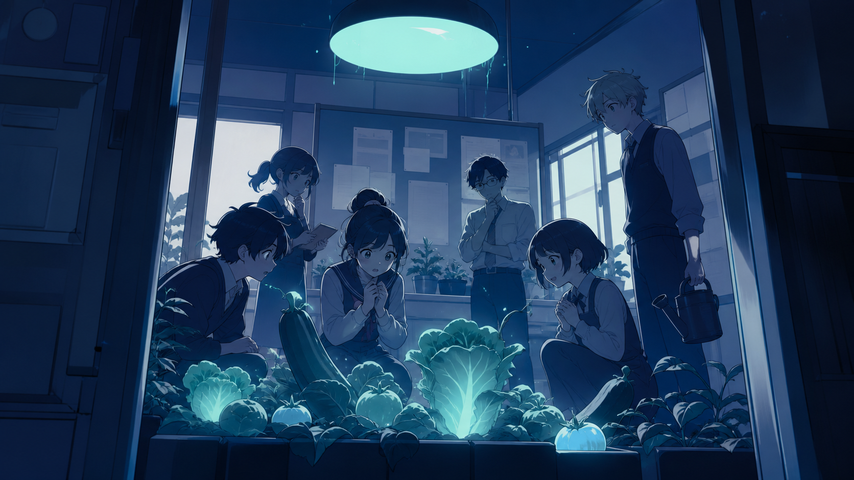 The gardening club discovering their vegetables quietly rearrange themselves, as a failed plan turns into a better group idea. Doorway-framed candid scene with several small connected moments. Ultramarine, bioluminescent