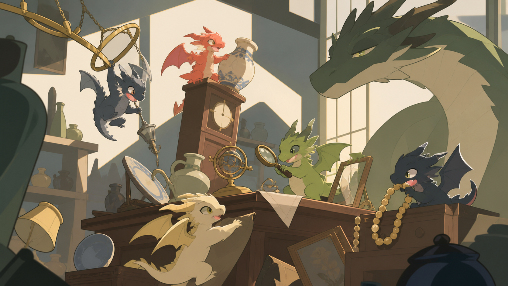 Newly hatched pocket dragons turning a quiet antique shop upside down, caught immediately before their elaborate plan obviously fails. Ensemble comedy tableau with several connected visual jokes. Moss green, slate gray, 