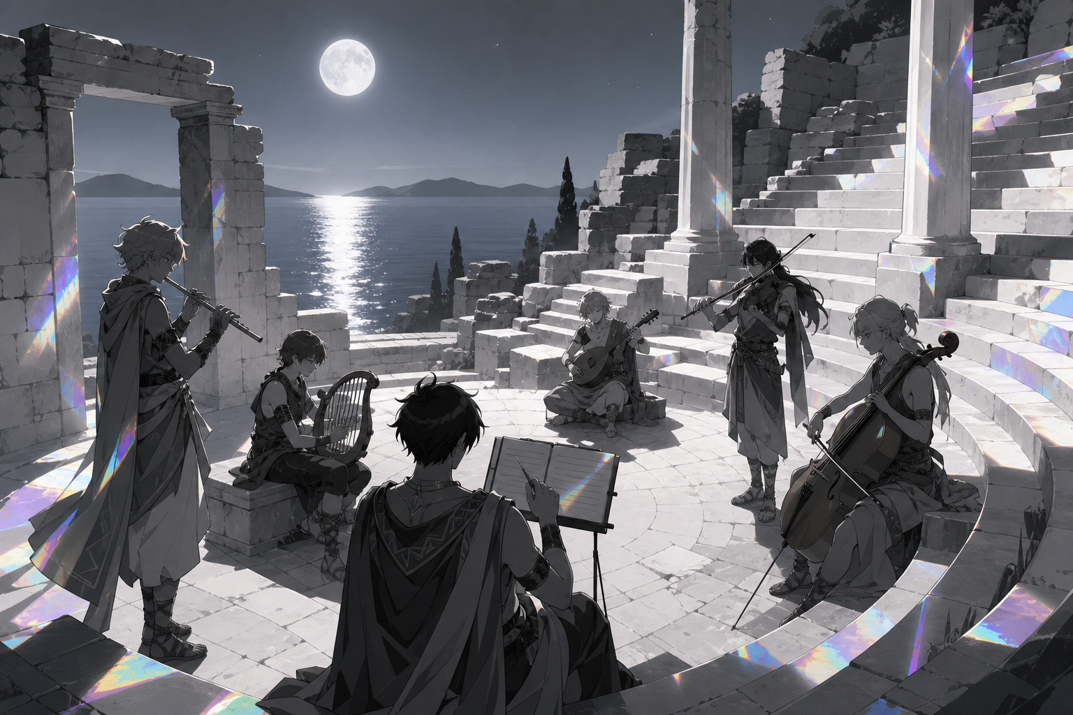 Musicians rehearsing in a ruined amphitheater above the sea, at the start of a regional contest that draws every nearby island. Sunlit courtyard ensemble with the sea visible through one open passage. Monochrome graphite