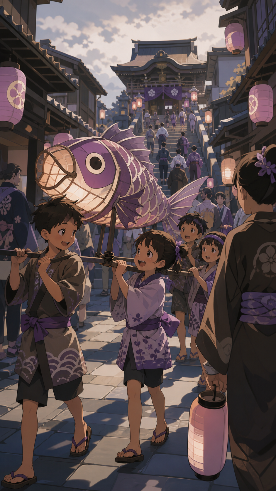 Children carrying a handmade fish lantern through a neighborhood procession, during late afternoon as lanterns begin to glow. Lively street-wide ensemble with one clear foreground interaction. Mulberry, tea brown, tarnis