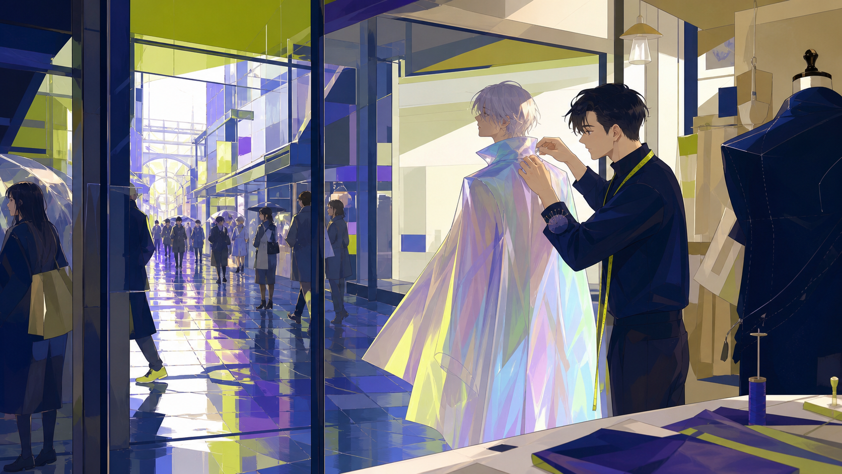 A tailor fitting an impossible coat in a crowded underground arcade, just after rain leaves every street reflecting a different color. Cinematic wide shot composed through windows, signs without readable text, and reflec