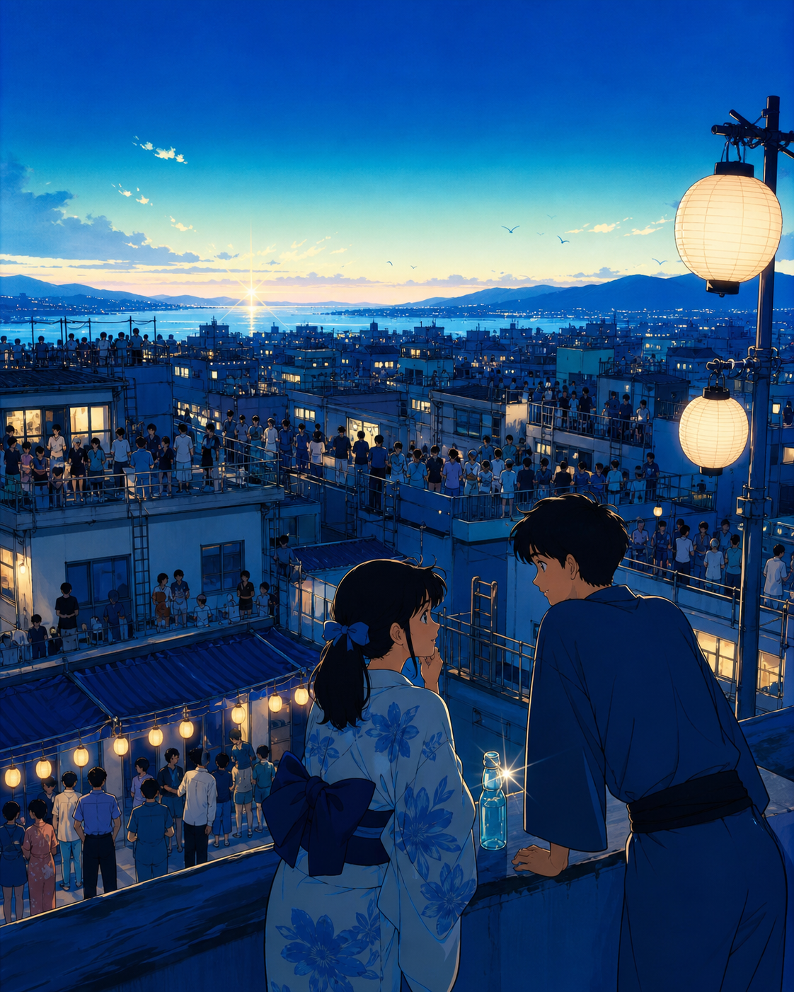 A rooftop fireworks celebration spanning dozens of connected buildings, shown at its busiest while one quiet interaction anchors the scene. Immersive crowd-level panorama with clear focal lighting. Ultramarine, biolumine