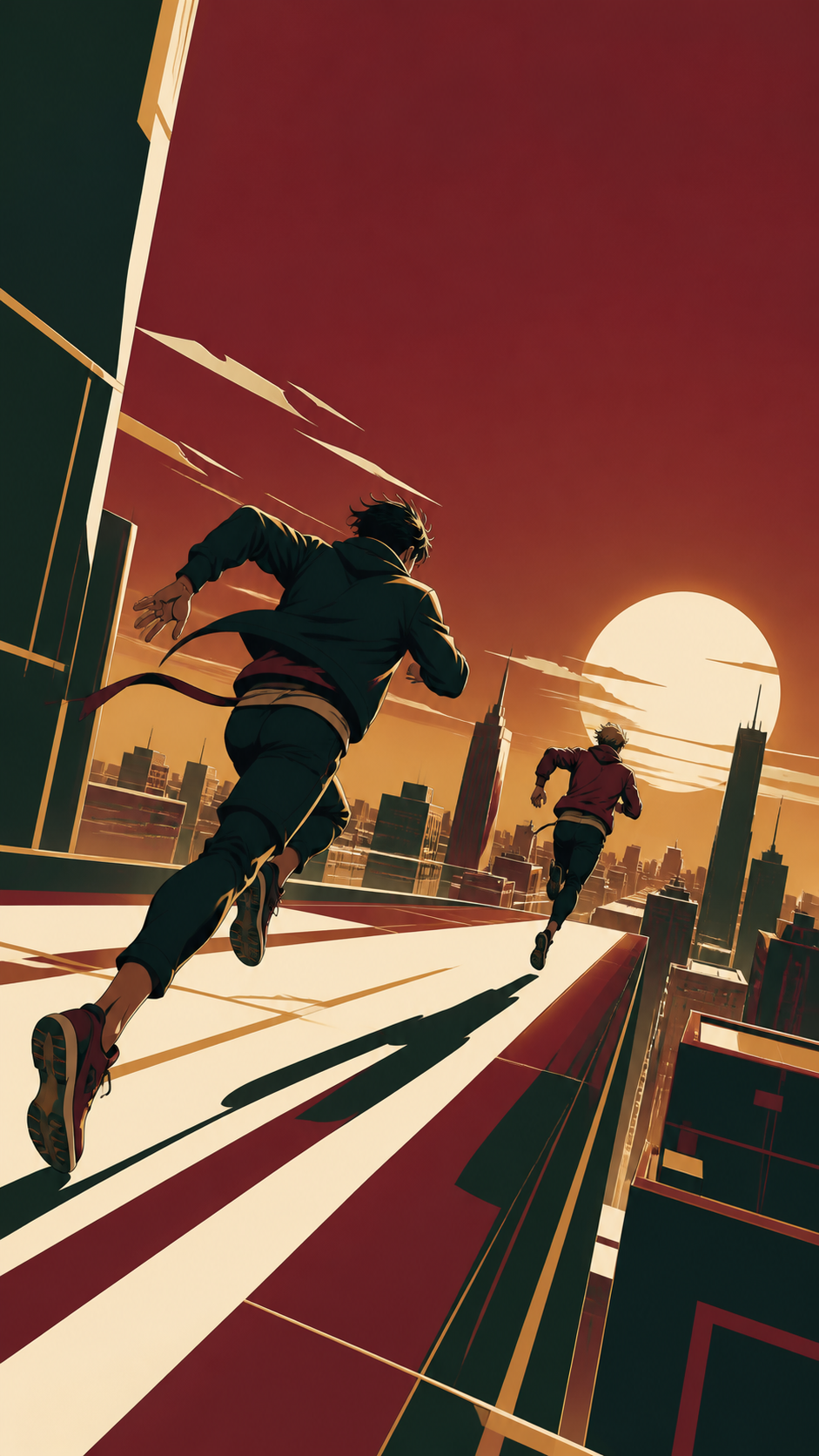 Adult rooftop runners racing across a dense sunset city, during a decisive final stretch with the environment amplifying the speed. Bold diagonal action composition with ample space ahead of the movement. Burgundy, midni