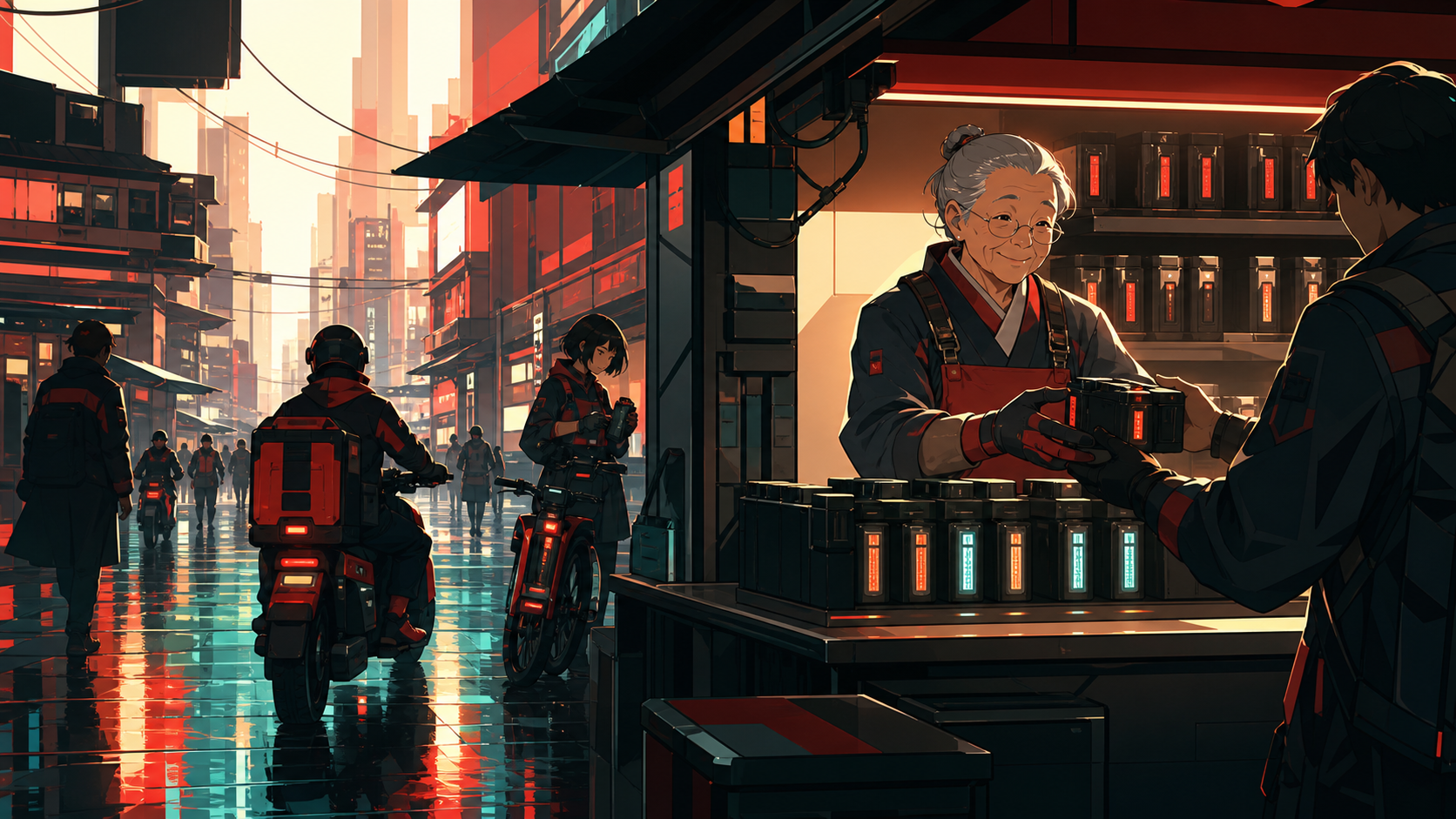 A grandmother running the busiest battery-exchange kiosk in the district, after rain creates broad colored reflections across the pavement. Street-level cinematic frame with deep layers of neighborhood activity. Vermilli