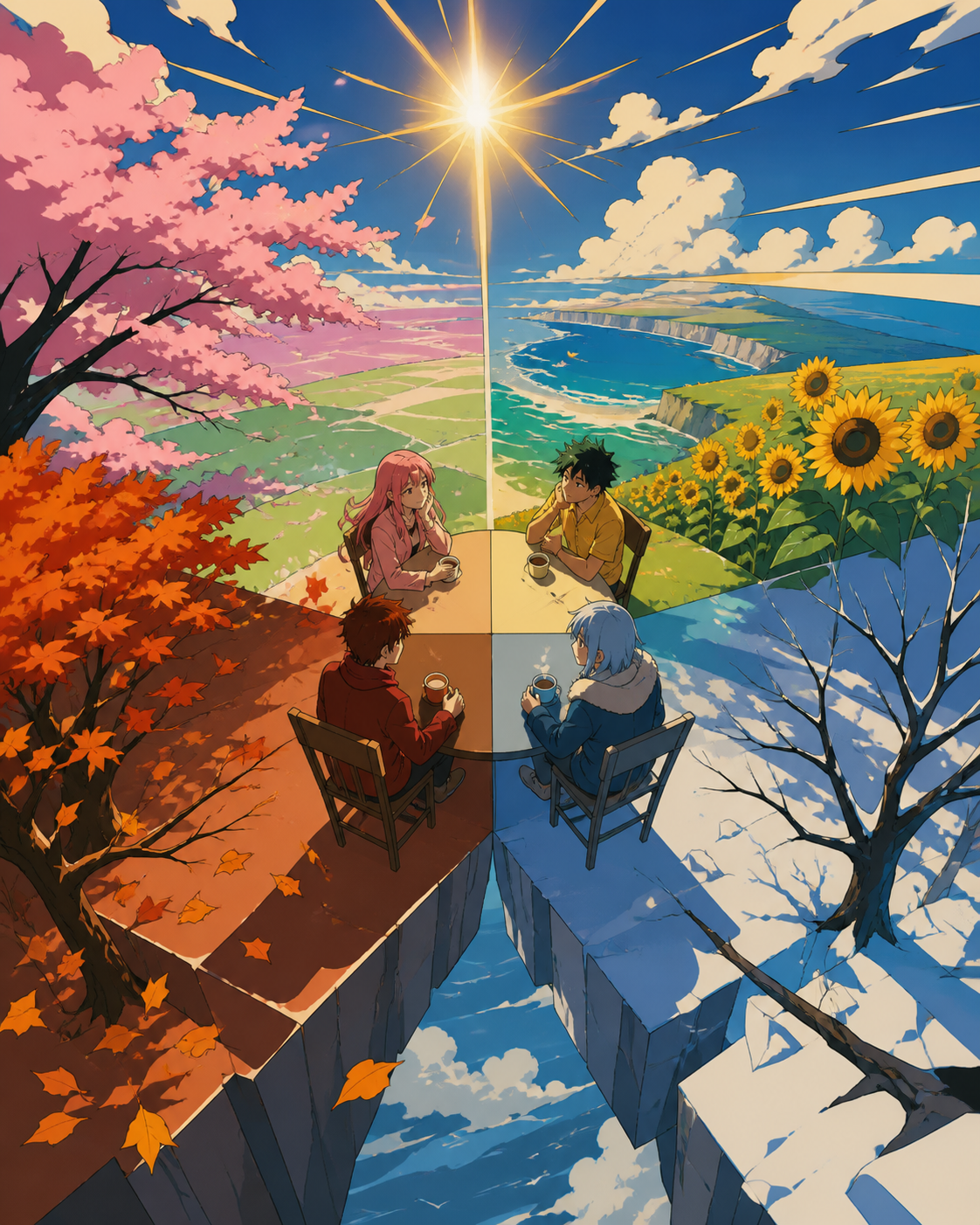 A café table shared by four seasons at once, during a calm human moment that grounds the surreal structure. High viewpoint revealing how the entire world connects impossibly. Clay red, sage, faded denim, and sunflower ye