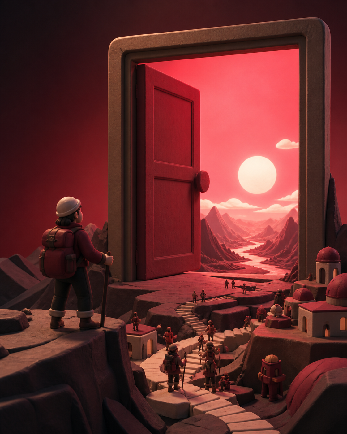 A mountain climber standing beside a doorway the size of the horizon, as newcomers encounter the landmark for the first time. Elevated composition revealing how people adapted the object into landscape. Crimson, black ch