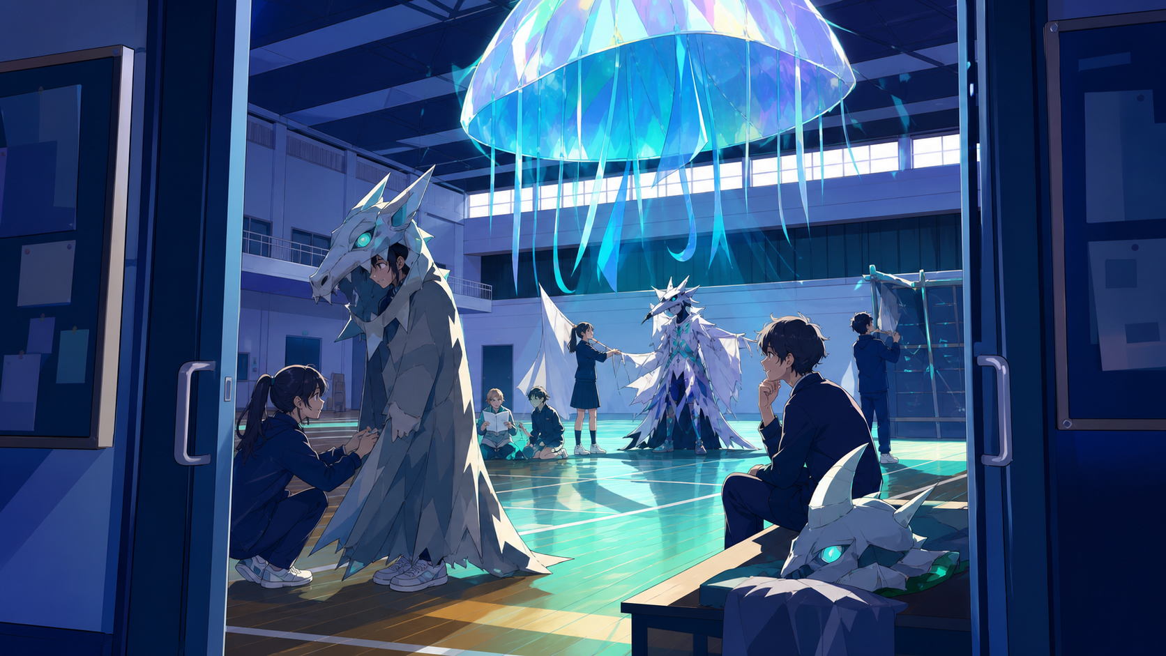A theater club testing handmade monster costumes in an empty gym, during the final practice before a small public presentation. Doorway-framed candid scene with several small connected moments. Ultramarine, bioluminescen