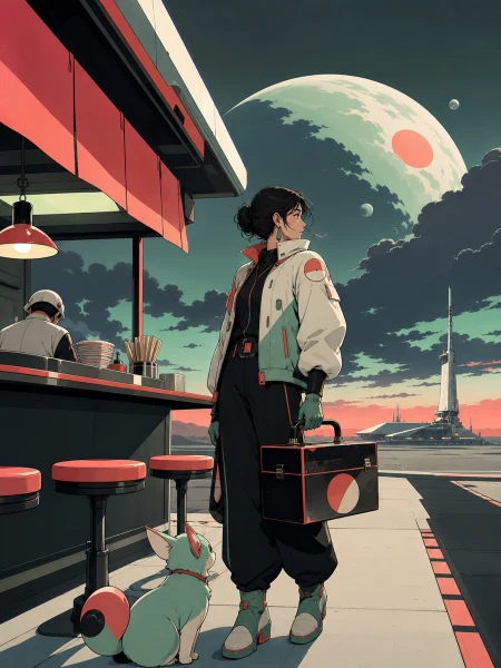 An adult woman shrine mechanic carrying a lacquered tool case, waiting at the last open noodle stand before a supernatural storm. Cinematic medium-wide frame with the environment c