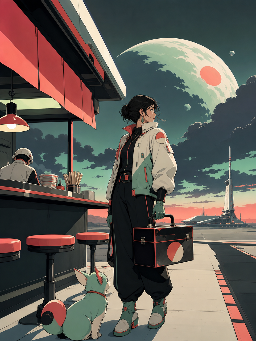 An adult woman shrine mechanic carrying a lacquered tool case, waiting at the last open noodle stand before a supernatural storm. Cinematic medium-wide frame with the environment carrying half the story. Celadon, coral p