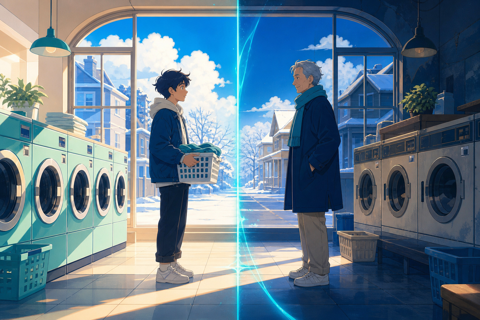 A teenager meeting their elderly future self at a neighborhood laundromat, at the instant two timelines align clearly within one frame. Centered architectural frame with time changing toward the edges. Ultramarine, biolu
