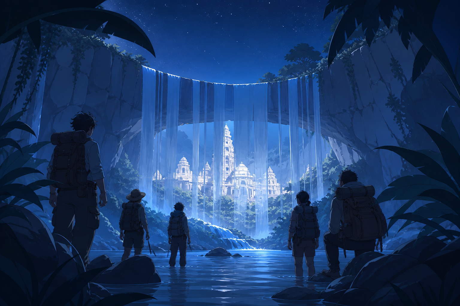 An expedition discovering a bright temple concealed behind a wide waterfall, at the first view of a destination reached after a long journey. River-level view framed by a few large plants. Soft monochrome with a single s