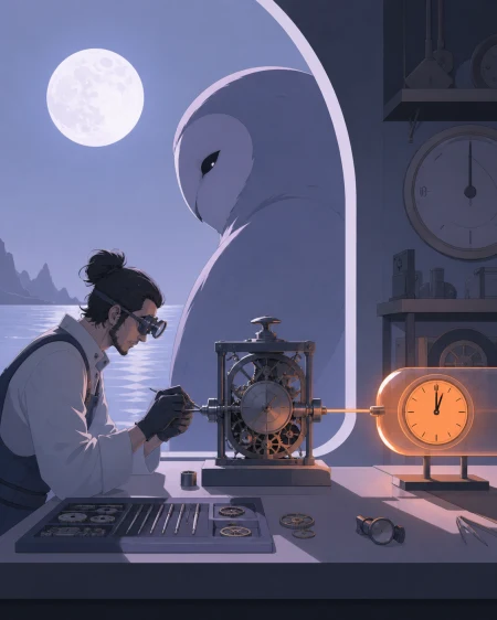 An adult clockmaker assembling a device that creates one extra minute per day, during a focused test with one clearly measurable outcome. Side-on testing composition showing input,