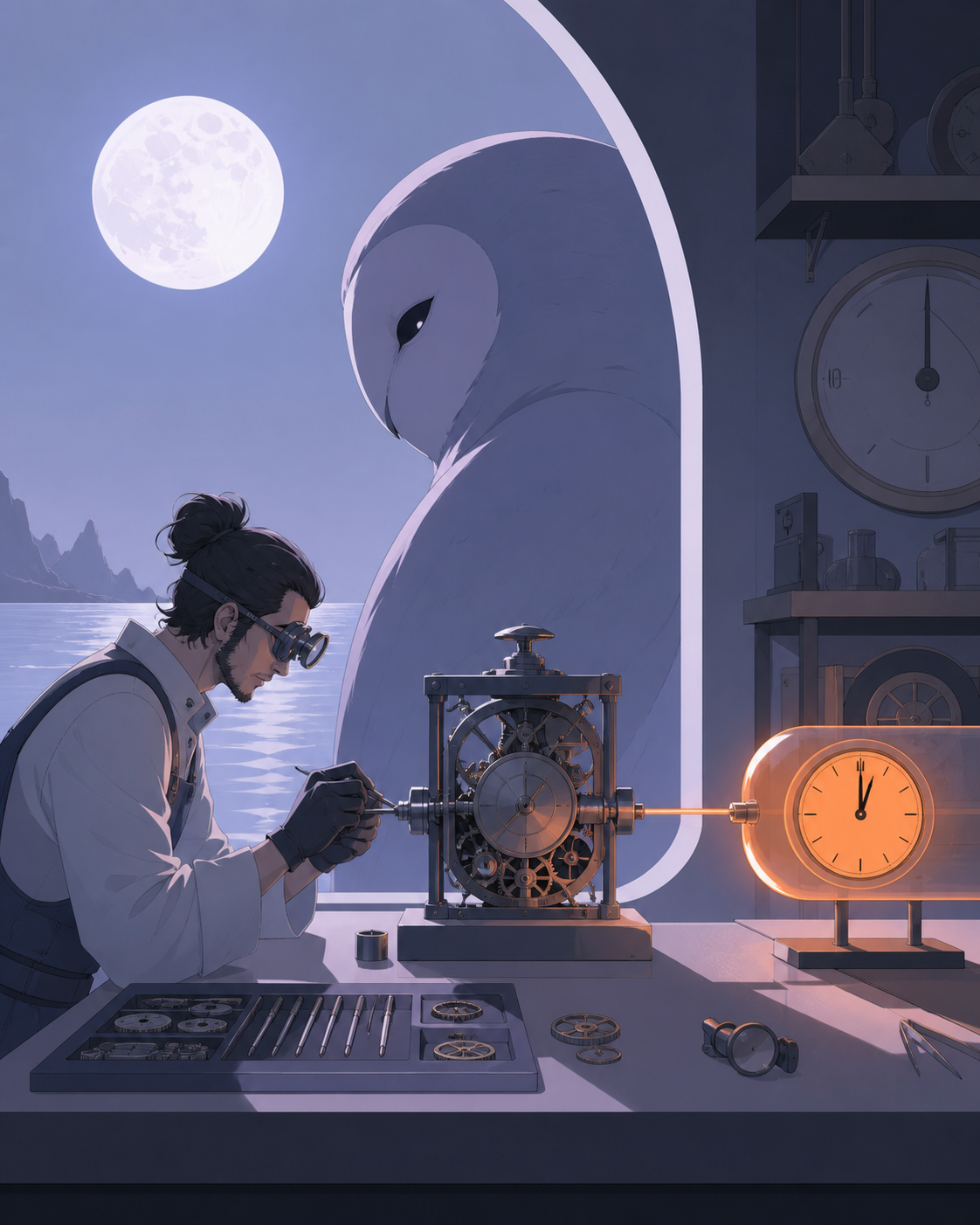 An adult clockmaker assembling a device that creates one extra minute per day, during a focused test with one clearly measurable outcome. Side-on testing composition showing input, machine, and outcome clearly. Pale lave