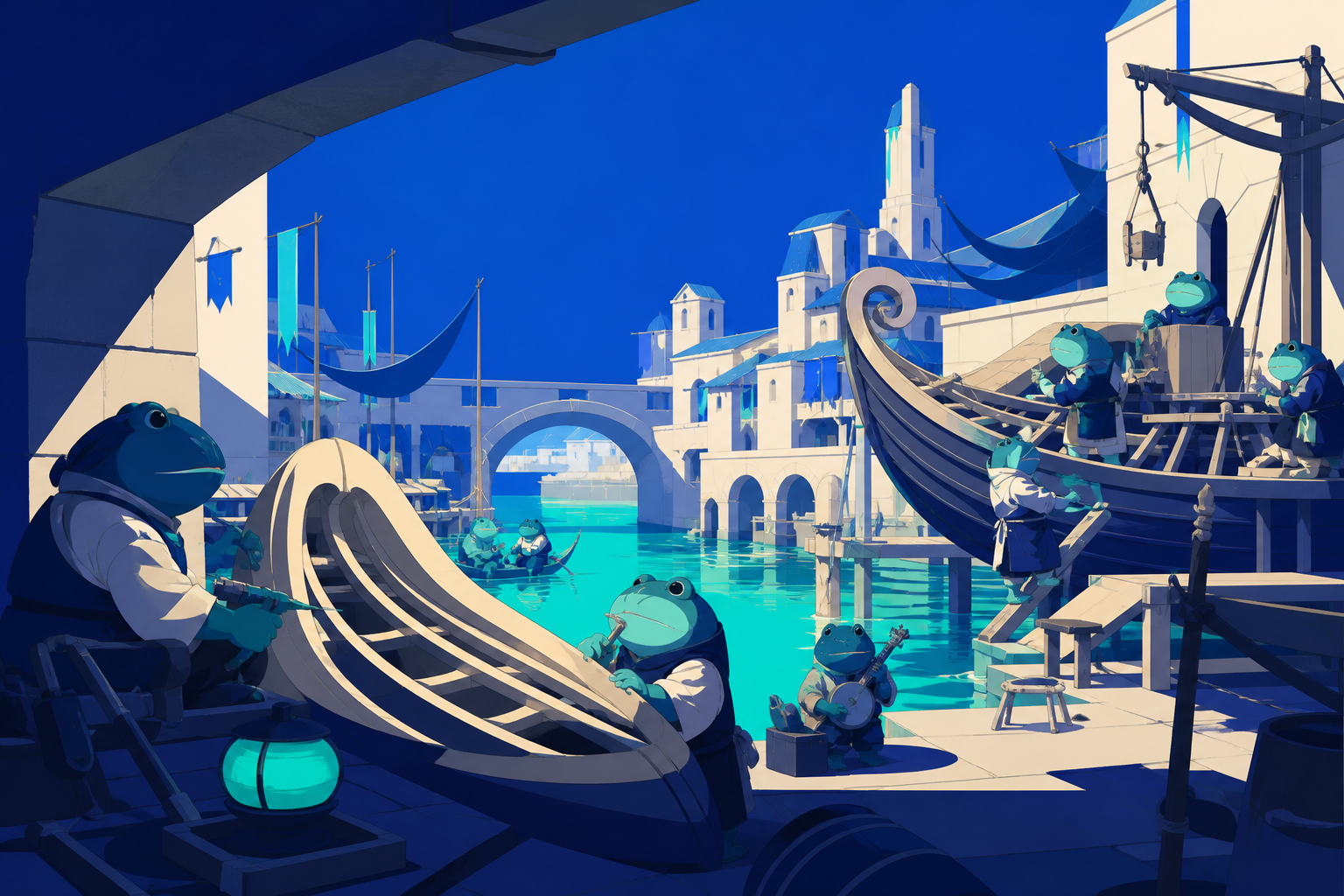A riverside town where round amphibian artisans build musical boats, shown with sophisticated worldbuilding rather than mascot posing. Formal group composition loosened by several small character moments. Ultramarine, bi