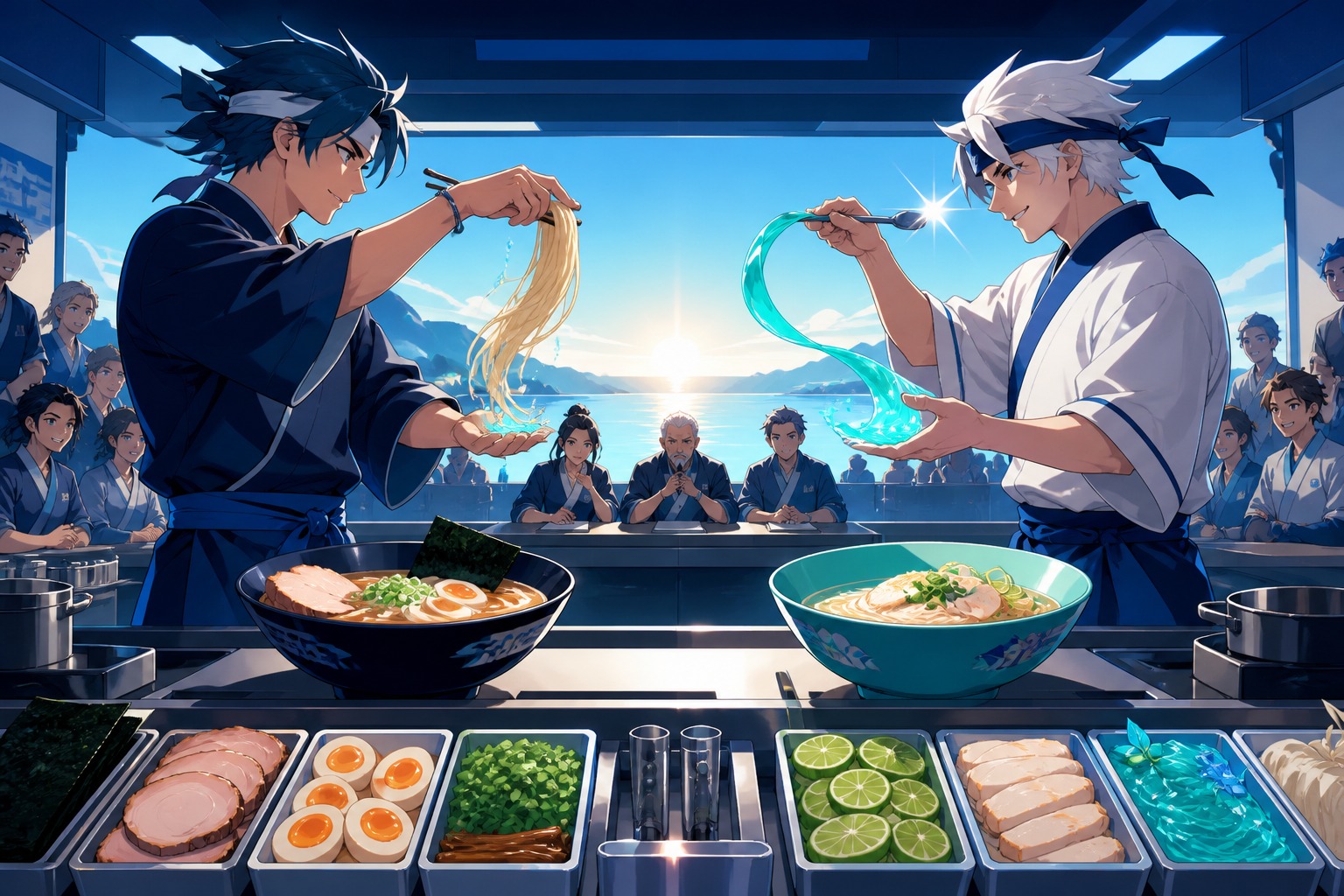 Rival ramen chefs exchanging techniques during a friendly final, at a decisive but joyful moment where technique is clearly visible. Kitchen-wide competition frame showing both process and reactions. Ultramarine, biolumi