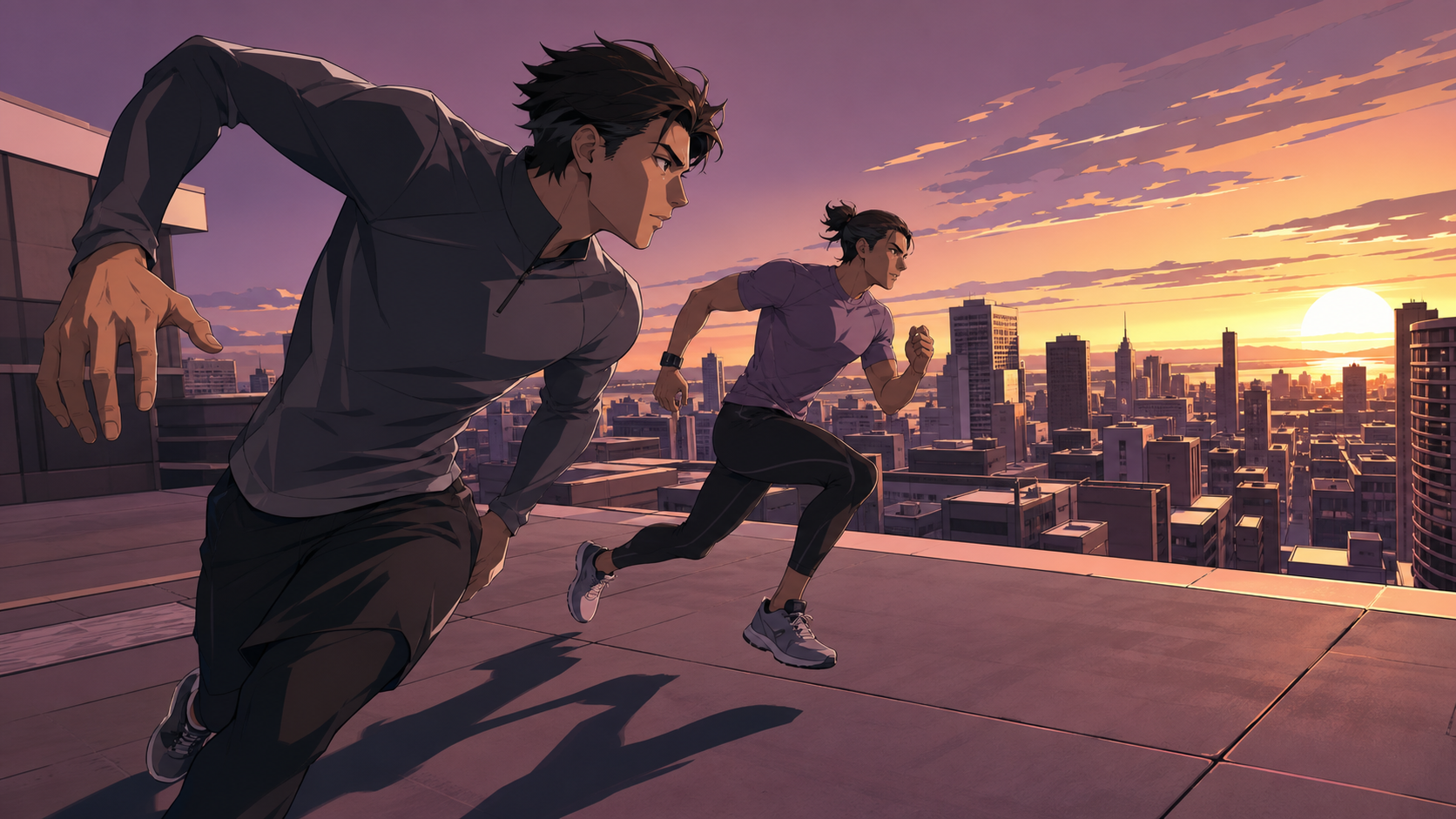 Adult rooftop runners racing across a dense sunset city, shown as disciplined athletic movement rather than combat spectacle. Bold diagonal action composition with ample space ahead of the movement. Mulberry, tea brown, 