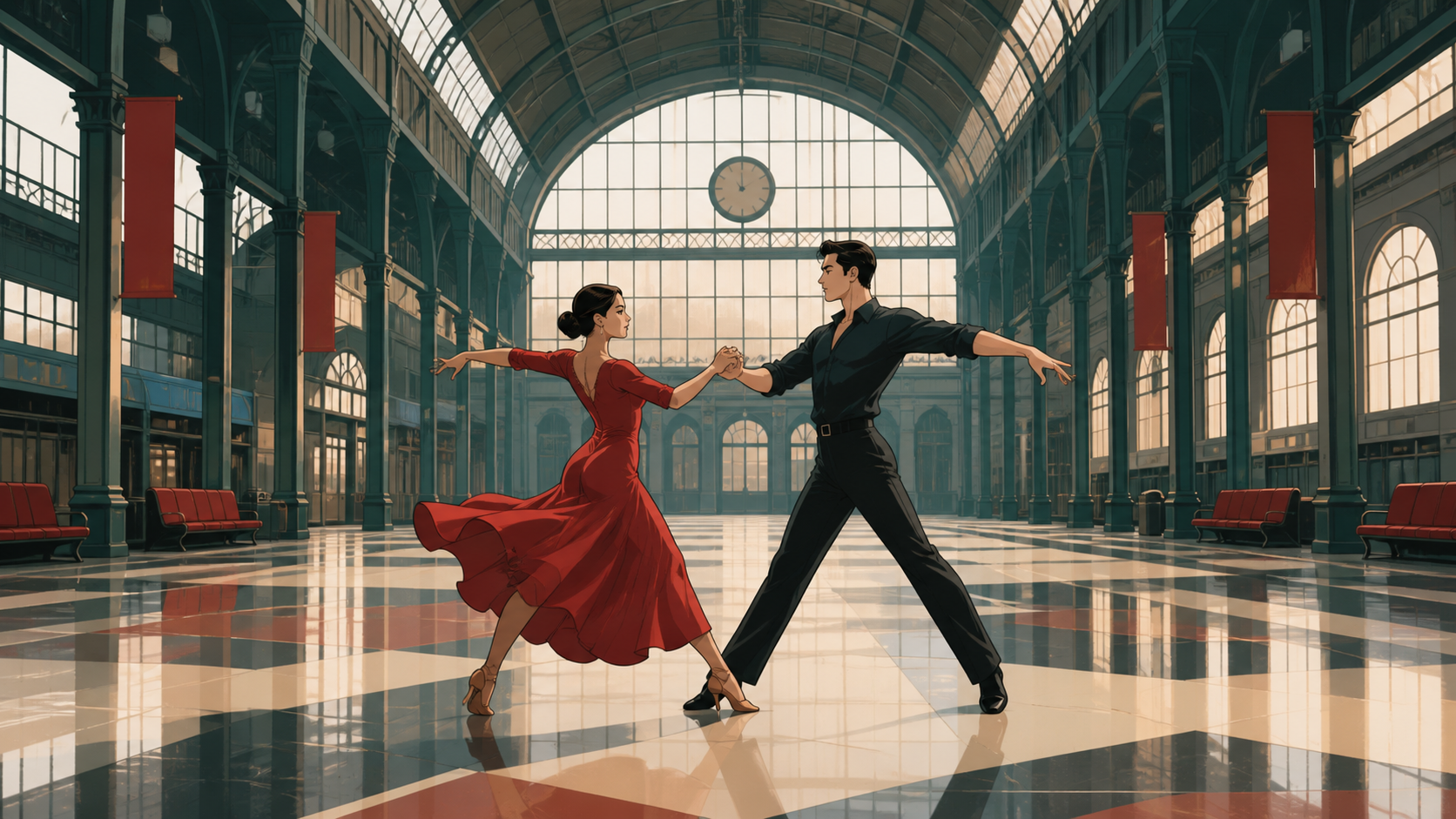 Two adult ballroom dancers practicing in an empty railway terminal, captured at a precise expressive beat rather than the loudest moment. Stage-wide composition using negative space to emphasize movement. Vermillion, cha
