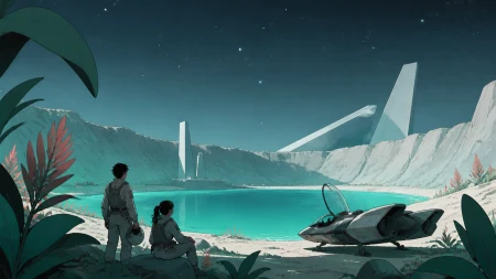 Two survey pilots landing beside a turquoise crater lake, at the first view of a destination reached after a long journey. River-level view framed by a few large plants. Sea-glass 