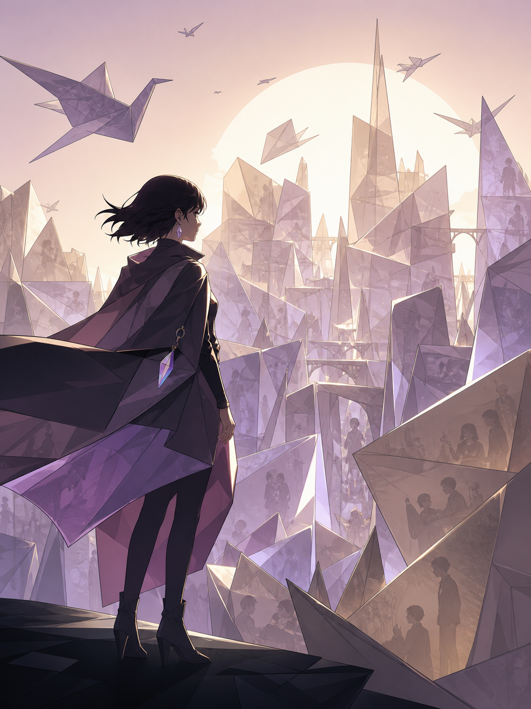 A city assembled entirely from folded memories represented as translucent paper, balanced between abstraction and a clearly readable emotional idea. Carefully staged surreal tableau with a single unmistakable focal point