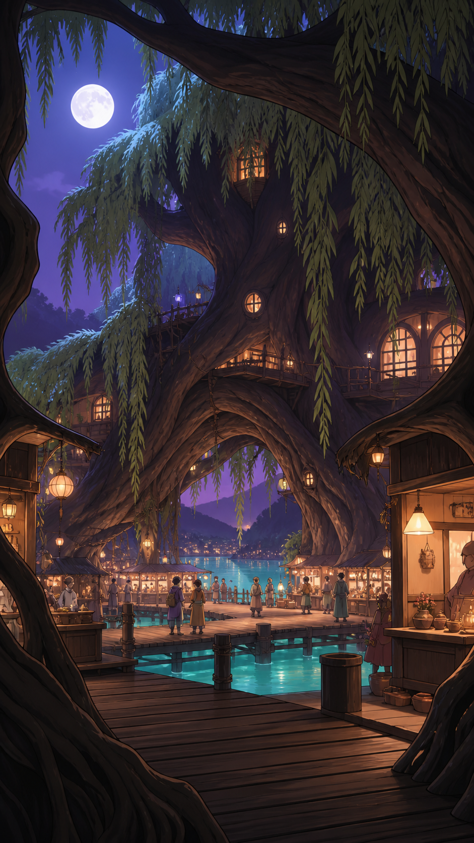A moonlit willow sheltering a quiet market on floating walkways, with tiny visitors clearly revealing the extraordinary scale. Ground-level view looking through enormous roots toward distant figures. Apricot, orchid purp